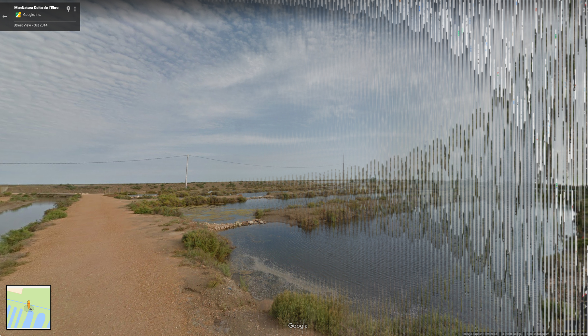 A distorted screen shot of a Google Street View showing a road in the Ebro delta